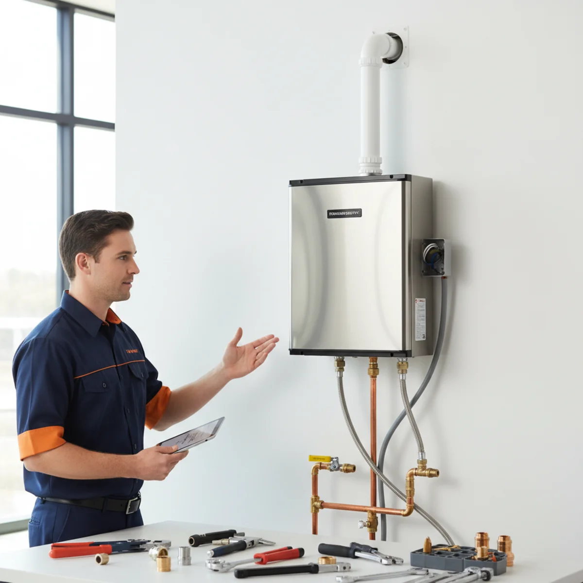 Condensing tankless water heater mounted on exterior wall with PVC venting in Rancho Cordova