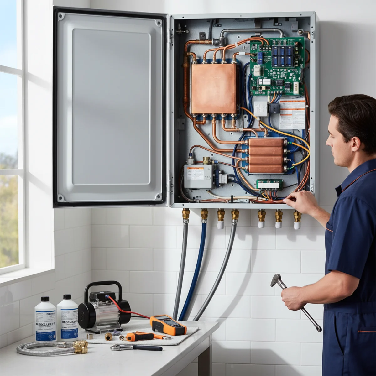Technician descaling a tankless water heater mounted on a Rancho Cordova garage wall