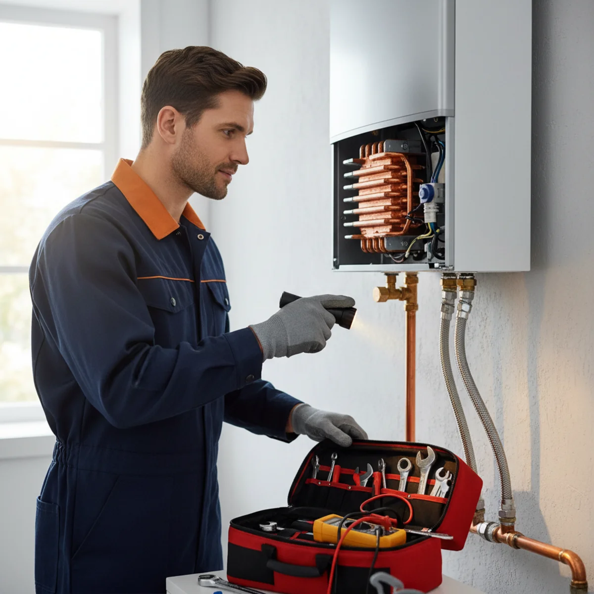 Technician servicing a wall-mounted tankless unit with the front cover removed, inspecting the heat exchanger and flow sensor under focused light