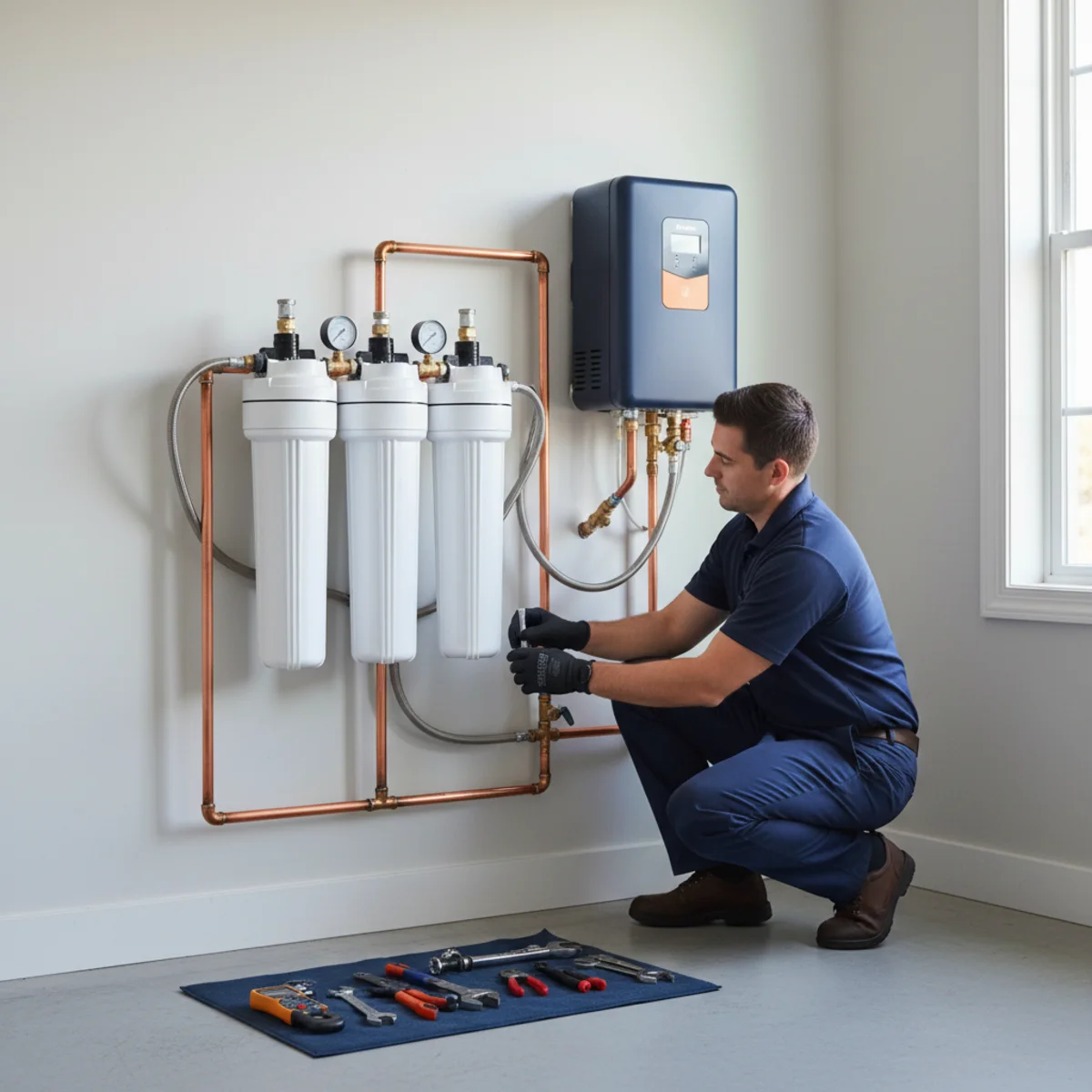Whole-home water filtration system mounted neatly on a garage wall near the main supply line, plumber inspecting the filter housings