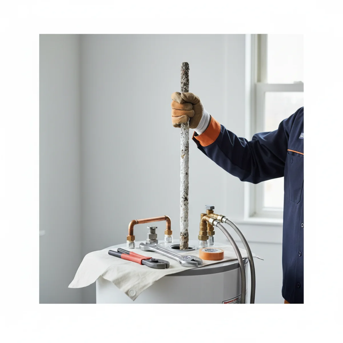 Corroded anode rod removed from a water heater tank next to a new replacement rod