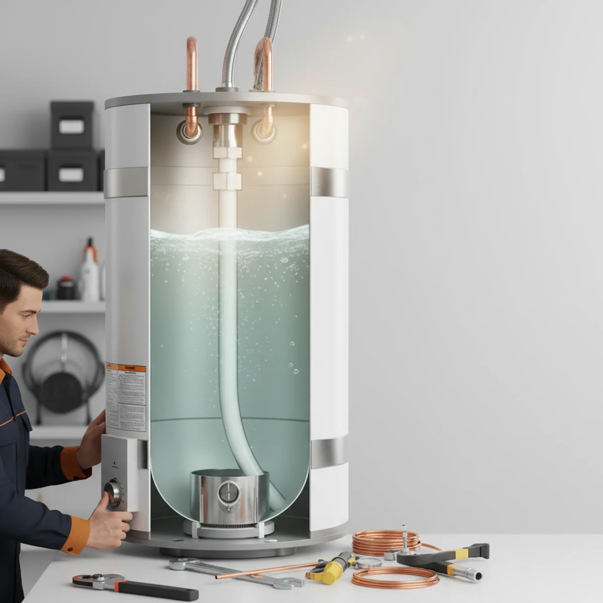 Cross-section diagram showing a broken dip tube inside a residential water heater tank
