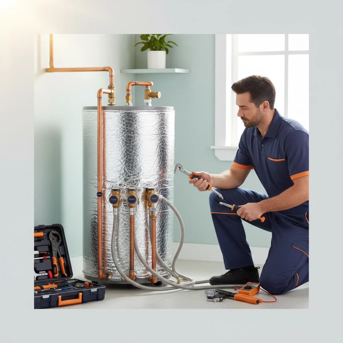 Energy-efficient heat pump water heater installed in a Rancho Cordova garage