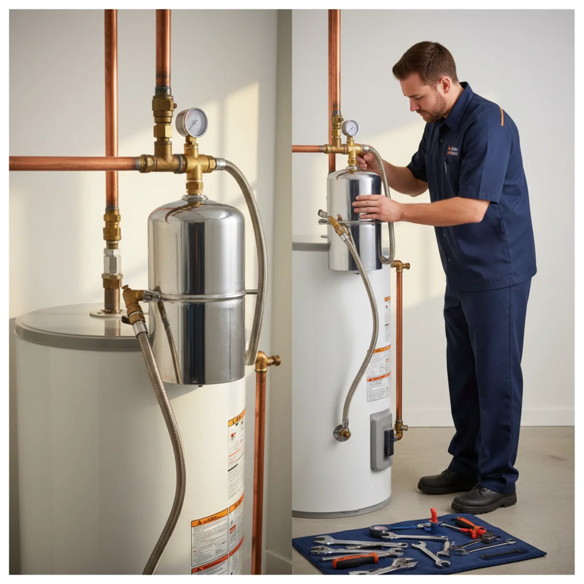 Small thermal expansion tank installed on the cold-water line above a clean residential tank water heater, plumber checking the fitting with neat copper piping