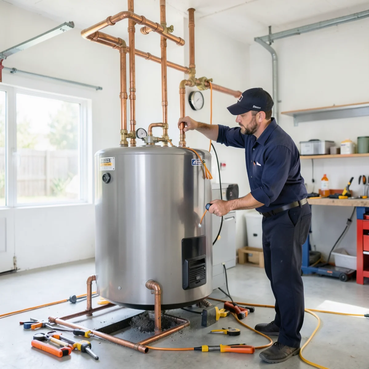 Plumber checking copper and flex connections on a new tank water heater in a clean Rancho Cordova garage