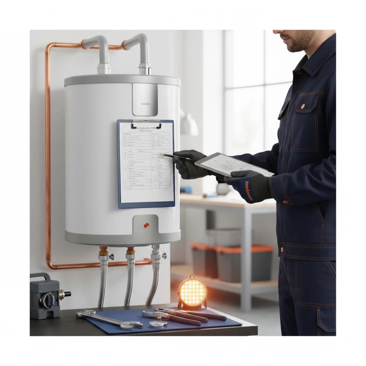 Homeowner checking the T&P relief valve on a tank water heater in a Rancho Cordova garage