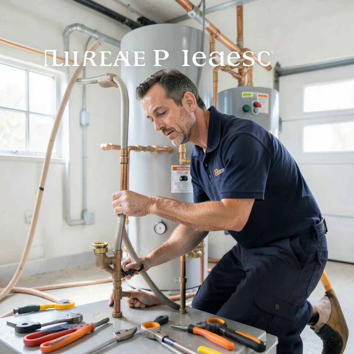 Technician performing annual maintenance with a drain hose connected and checking the anode-rod port on a clean garage water heater