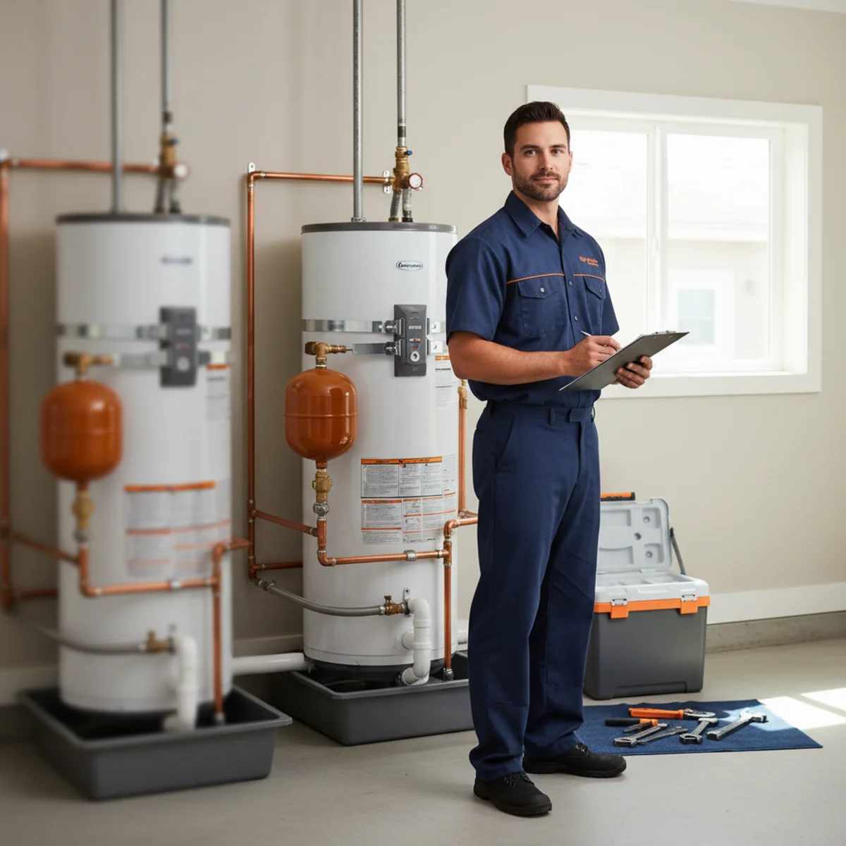 Plumber finalizing a code-compliant water heater install with seismic strap, expansion tank, and drain pan visible while holding a blank clipboard in a clean garage