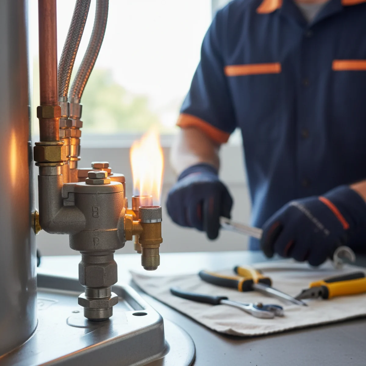 Technician inspecting the pilot assembly and thermocouple on a gas water heater