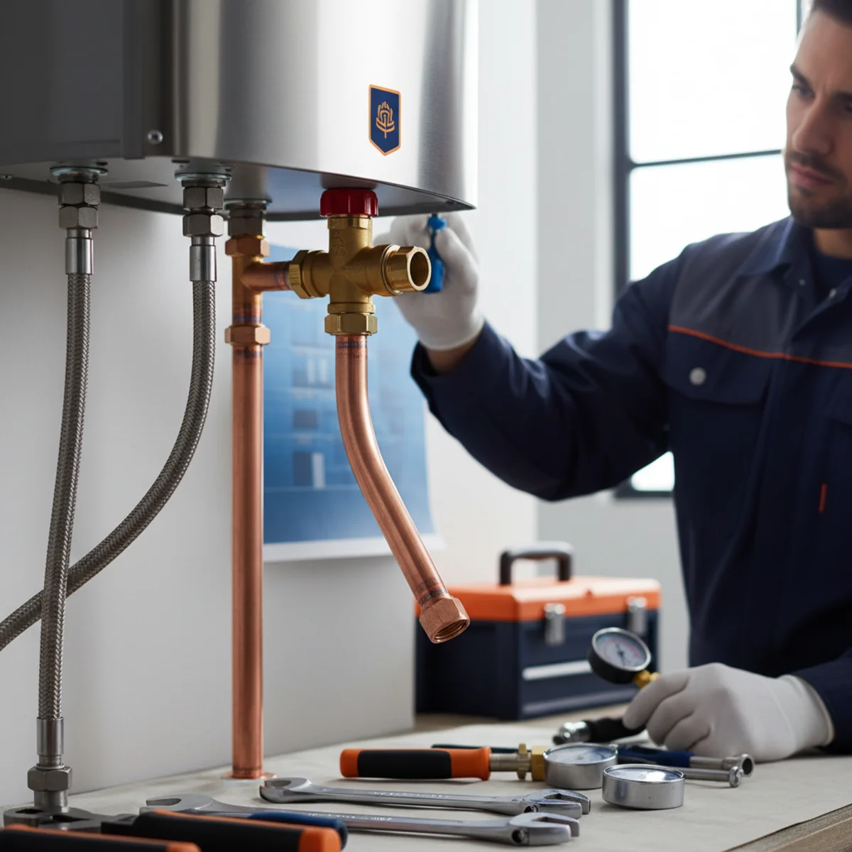 Temperature and pressure relief valve on a residential water heater tank