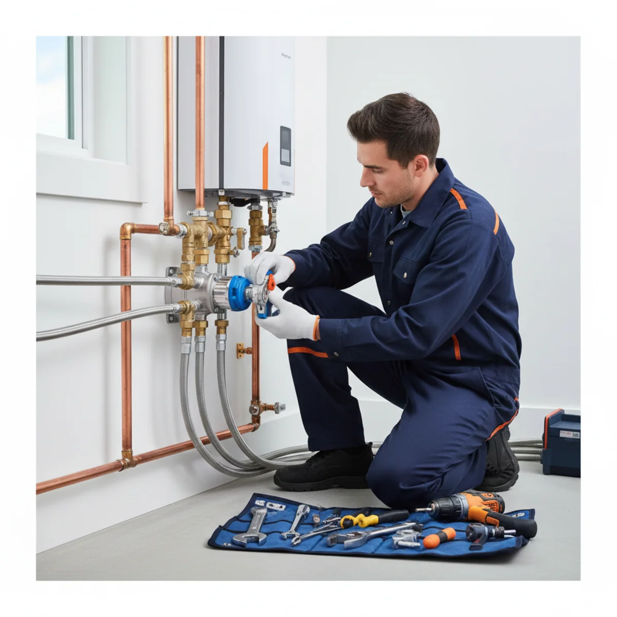 Plumber installing a hot-water recirculation pump near a water heater, close-up of clean valves and the small mounted pump unit