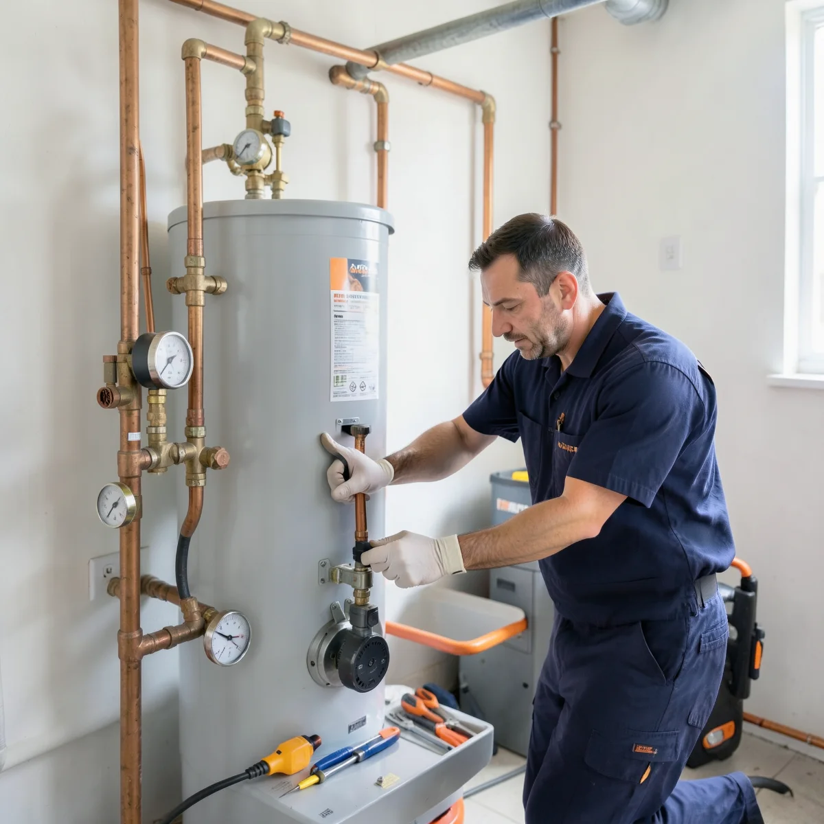 Skilled plumber inspecting the gas control valve and burner access panel on a residential water heater in a clean utility space
