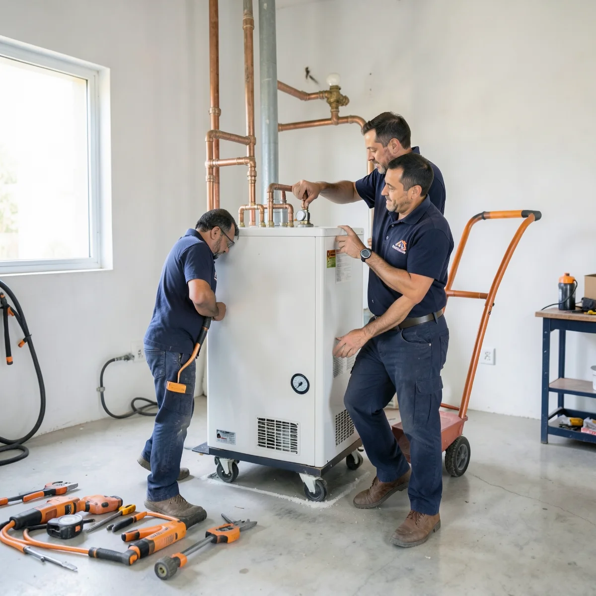 Plumber positioning a new replacement tank beside an old unit on a protected garage floor with an appliance dolly