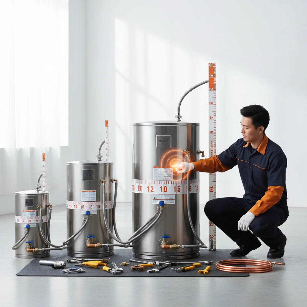Different water heater sizes lined up in a Rancho Cordova plumbing supply showroom