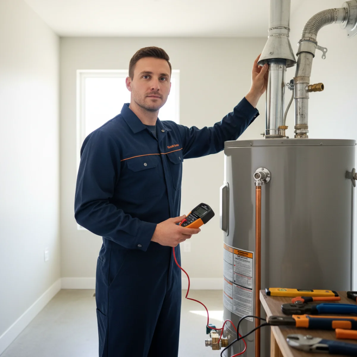 Plumber inspecting the flue and draft hood on top of a gas water heater, checking the vent connector slope for combustion safety