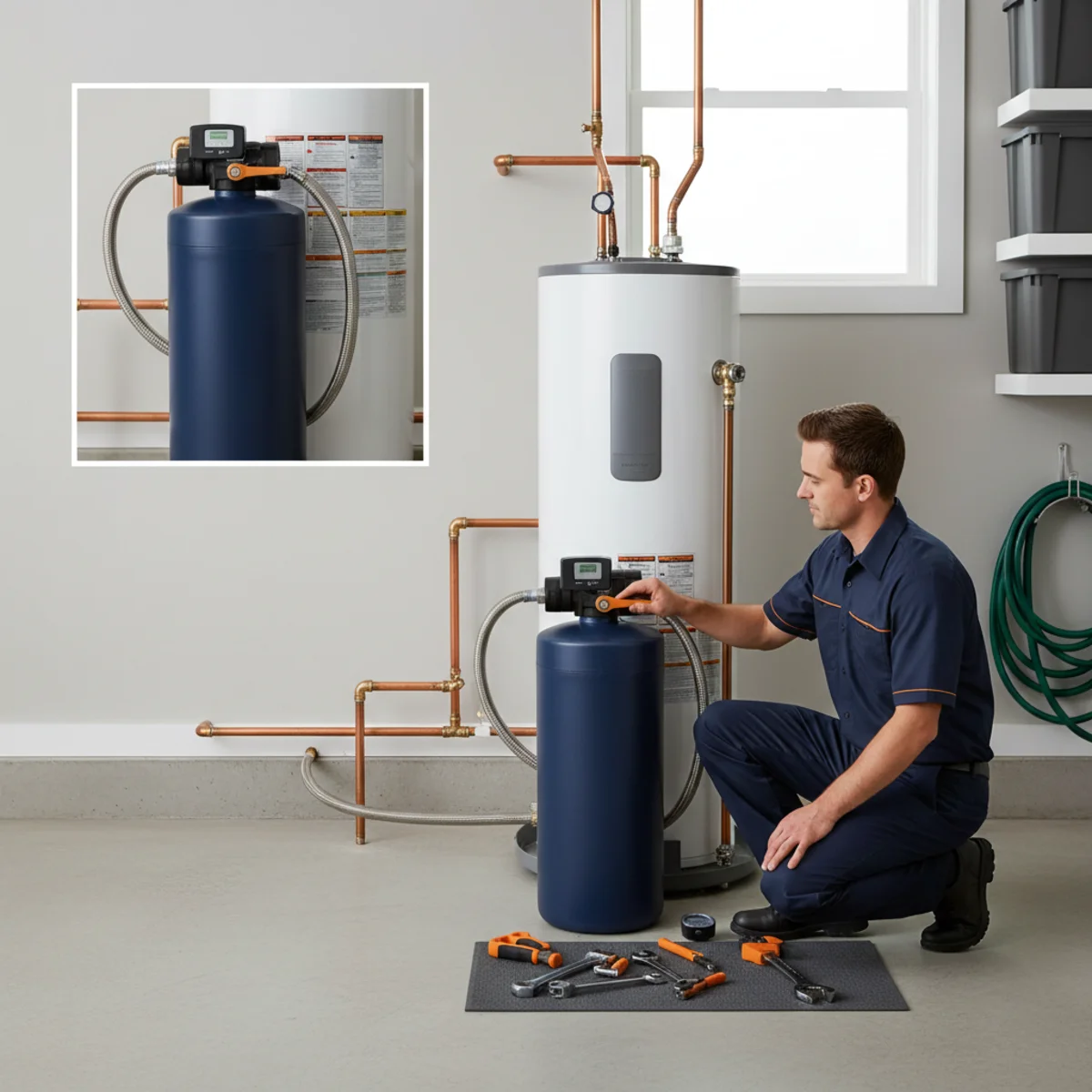 Clean water softener system installed beside a water heater in a Rancho Cordova residential garage, technician checking the brine tank and bypass valve