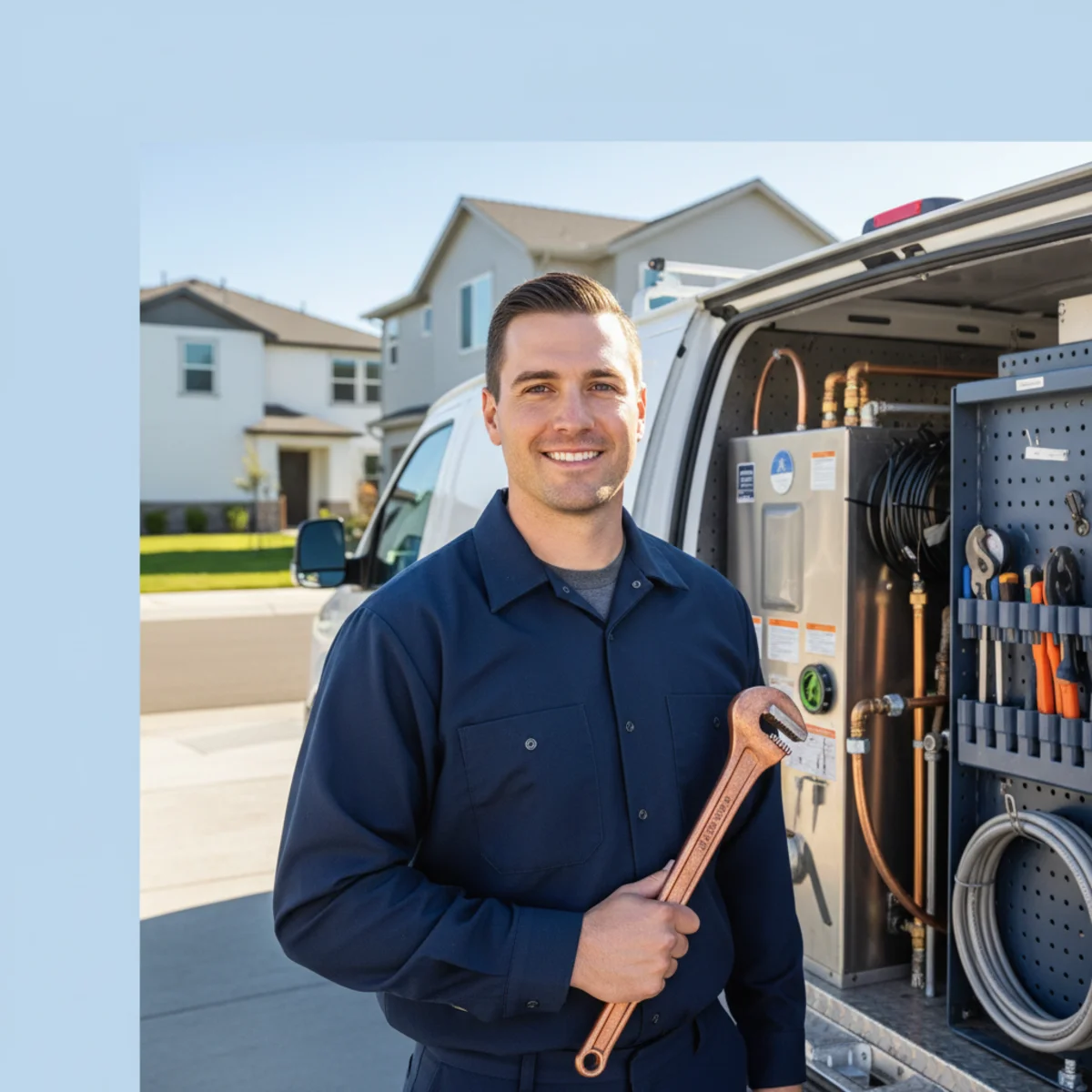 Water heater technician with tool bag on a West Sacramento street, newer riverfront infill townhomes on one side and older established homes on the other