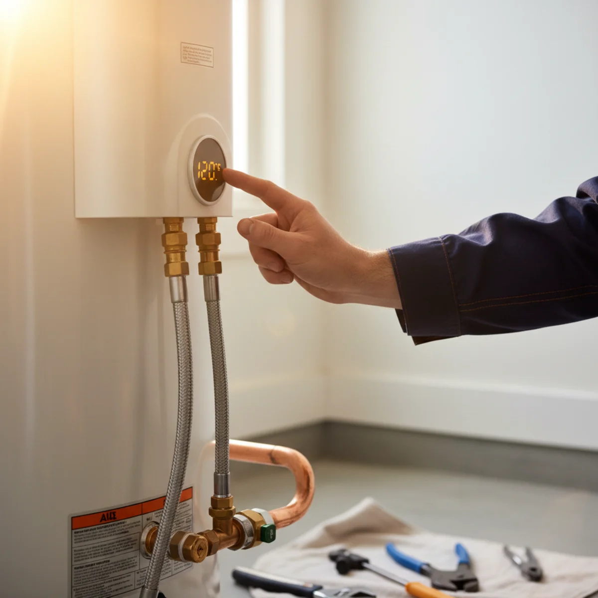 Hand adjusting the temperature dial on a residential gas water heater thermostat in a garage
