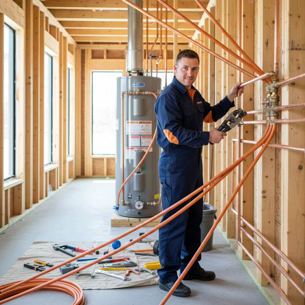 Plumber running new PEX and copper supply lines across clean framed walls during a whole-home repipe with organized work and bright interior daylight