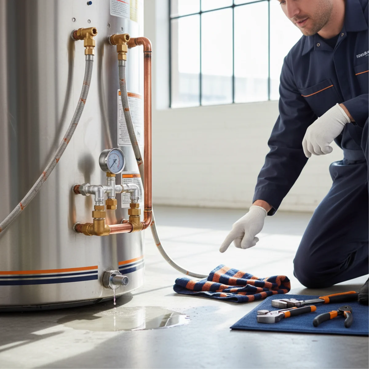 Water pooling at the base of a residential water heater in a garage
