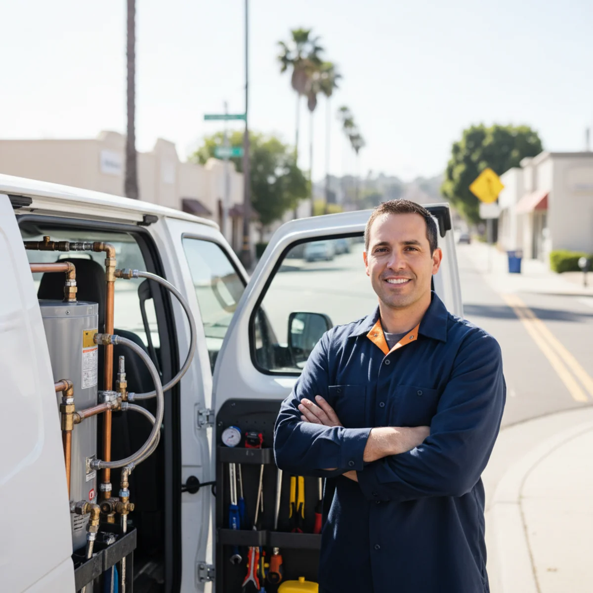 Water heater service van on a mixed residential and commercial Zinfandel Drive block in Rancho Cordova, technician unloading equipment from the rear